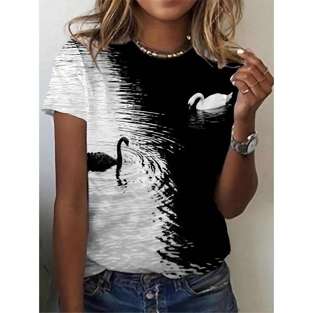 2025 New Summer Women's Black and White Swan Print T-shirt Round Neck Short Sleeve Street Casual Daily Basic Tops