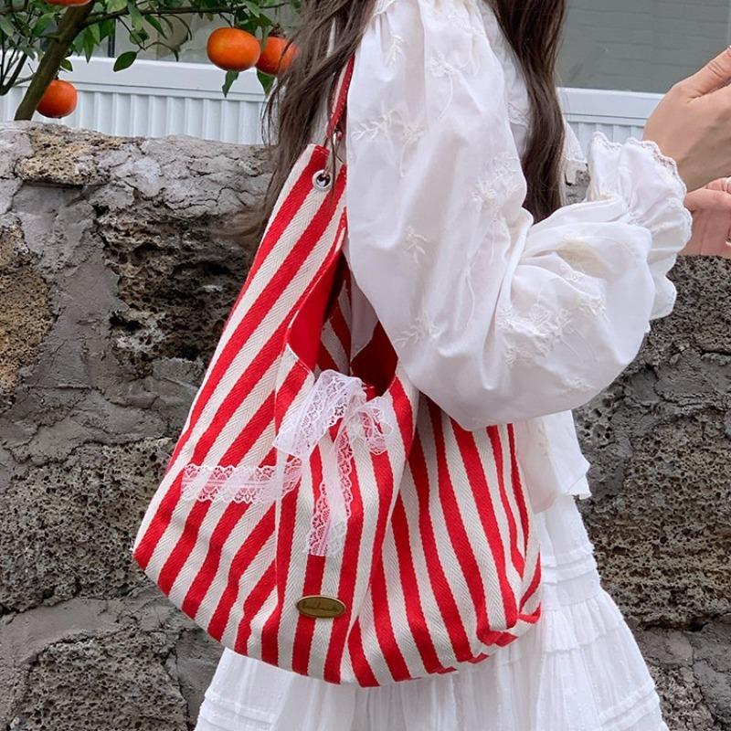 Striped Canvas Bag Women's Summer New Trendy Letter Printing Double-sided Shoulder Bag Student Class Bag