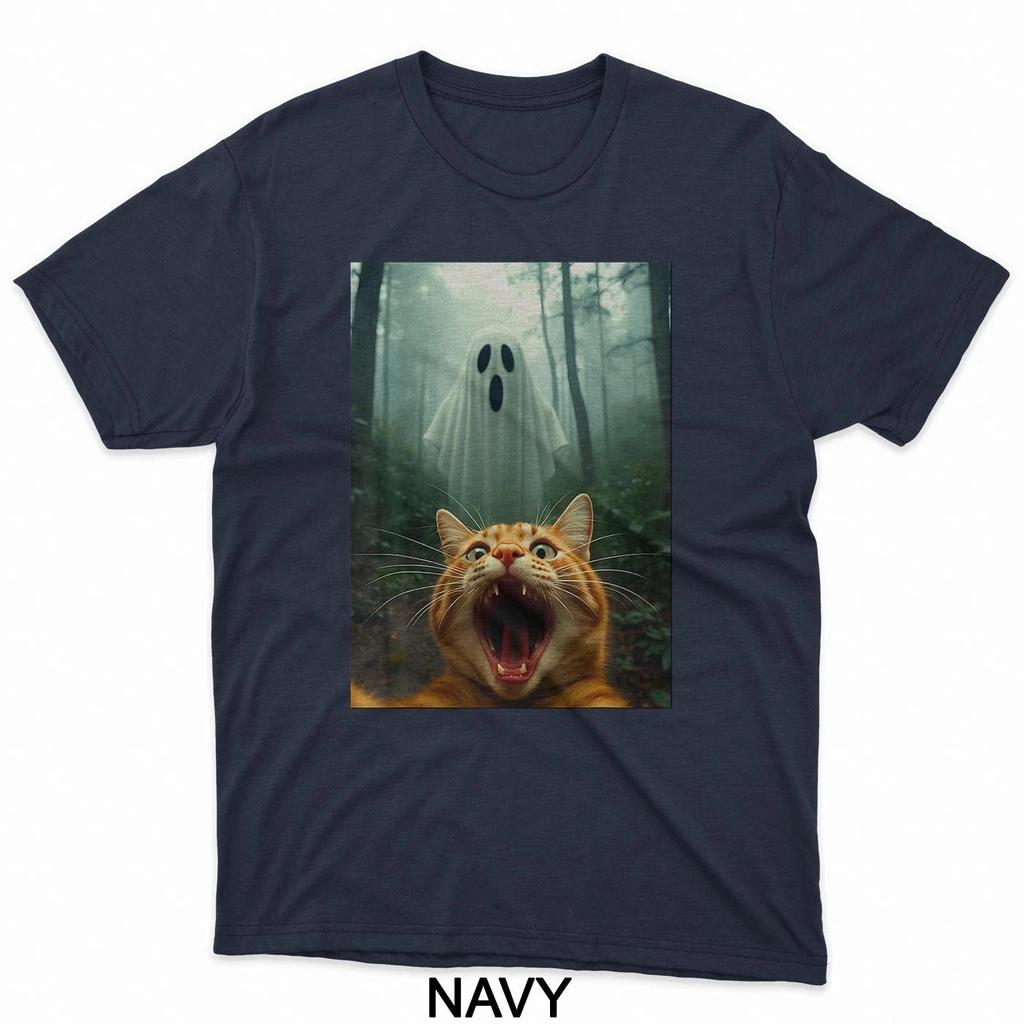HOT SALE Cat Selfie with Ghost Halloween Kitty Spooky Ghost in Forest T-Shirt Tee Soft  Round-neck Tee Streetwear Style
