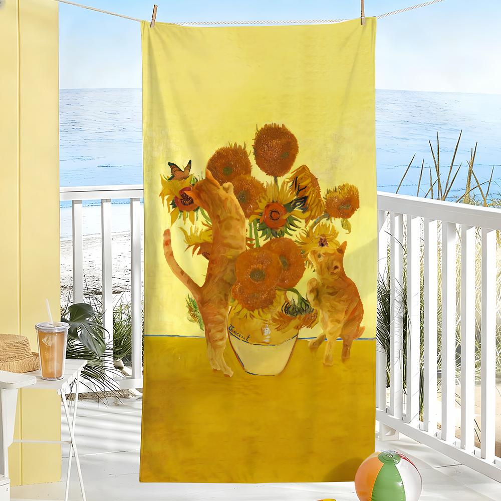 Van Gogh Kunst Kat Print Handdoek Zacht Zwembad Cadeau Voor Reizen Sportschool Douche Kamperen Sneldrogend Sport Grote Strandhanddoeken W30*H60(CM)