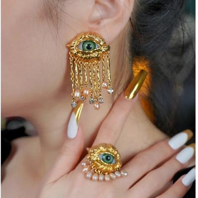 Personality Devil's Eye Pearl Tassel Earrings Light Luxury Premium Earrings Ring Necklace Set Accessories Women