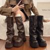 Vintage Damen Kniehohe Stiefel Mode Plateau Dicke Absatzschuhe Damen Prägnante Lange Botas De Mujer