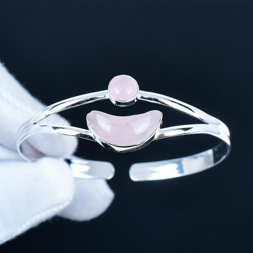 Natural Rose Quartz Gemstone Handmade Cuff Bangle 925 Sterling Silver Cuff Bangle, Rose Quartz Bracelet For Wife, Unisex Bangle, Gift For Love