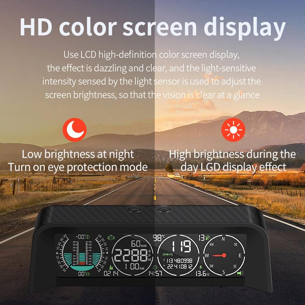 HUD Display, Universal Light-Sensing LCD Screen for Cars with Slope Meter and Overspeed Alarm