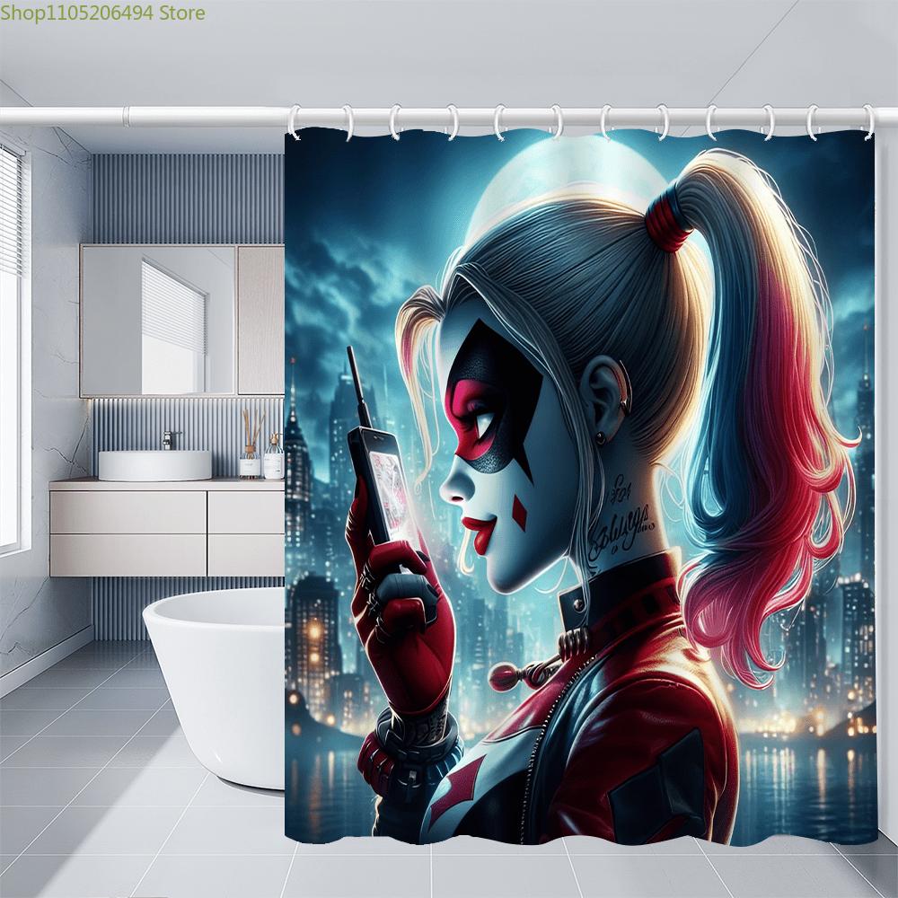 

1pc Quinn & Joker Shower Curtain - Officially Inspired Bathroom Decor with 12 Hooks, Machine Washable Polyester Fabric, Vibran 90x180cm