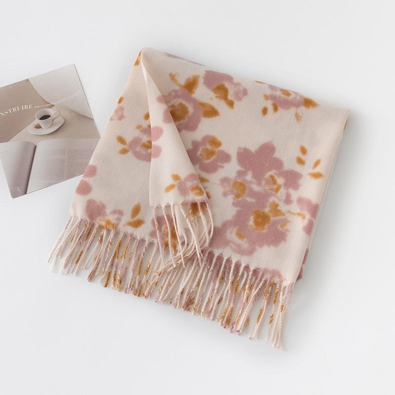 Women's Scarf Floral Print Tassel Shawl Elegant Lady Style Autumn and Winter Scarf New Imitation Cashmere Scarf