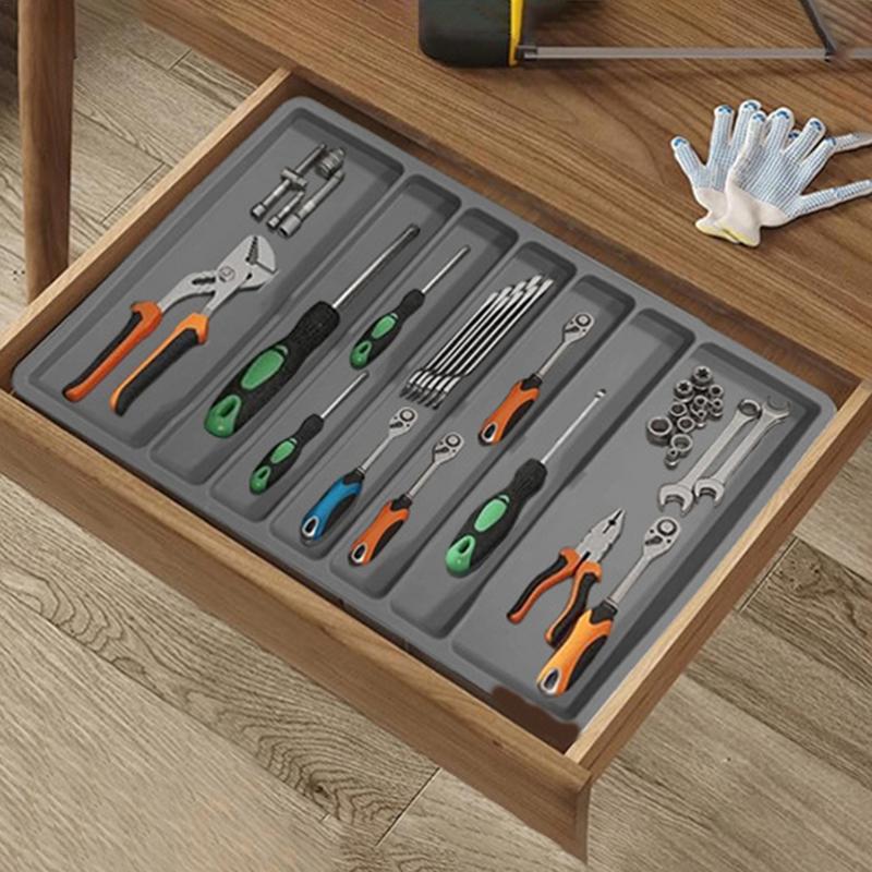 Cooking Utensil Drawer Organizer Multifunctional Silicone Cooking Utensil Rack 7-Compartment Gray Storage Box Drawer