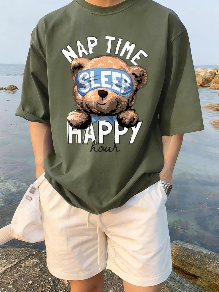 Cartoon Bear Nap Time Happy Prints TShirts Womens Cotton Summer Short Sleeve Tees Soft Loose ONeck Tops Casual Womans Clothes