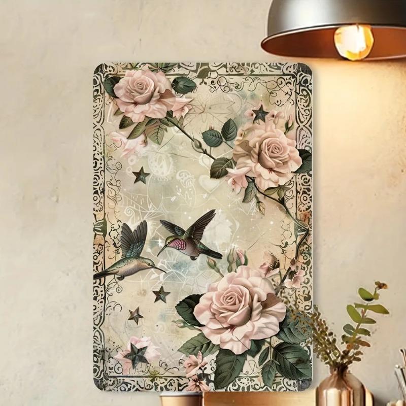 Metal Tin Sign Hummingbird Rose Vintage Wall Art 8x12 Home Bar Cafe Decor
