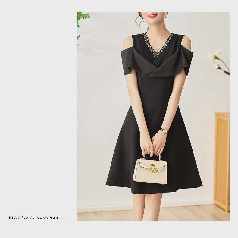 Nanyou Elegant Diamond V-Neck Off-Shoulder Slim Dress for Women