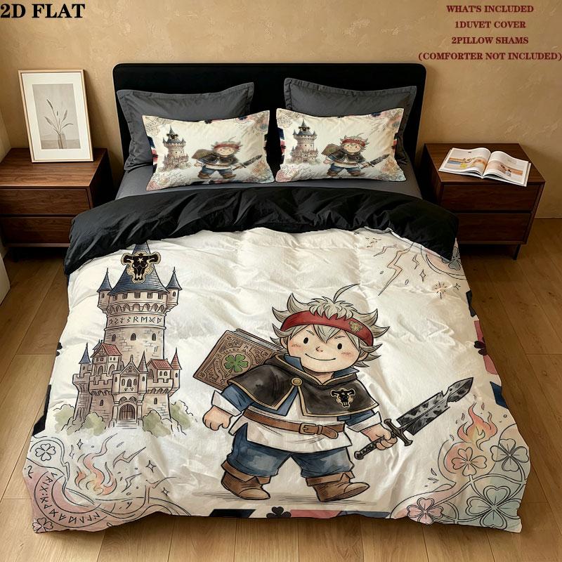 Black Clover Pattern Bedding Quilt Set Quilt Cover Pillowcase Home Birthday Gift(1 * duvet cover + 2 * pillowcase, without core)