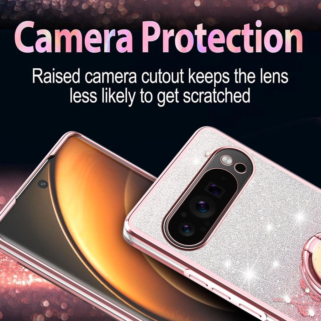 KADEM For Google Pixel 10/10 Pro Case Ring Kickstand TPU Flowers Phone Cover Gradient Glitter