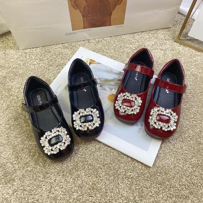Spring/Summer 2025 Girls' Patent Leather Mary Jane Shoes with Rhinestones - Retro Soft Sole & Square Toe
