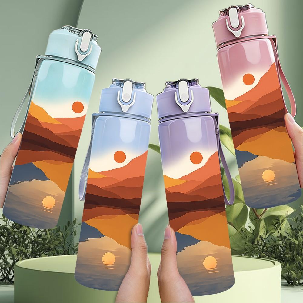1PC Mountain Desert Sunset Landscape Print 750ml Color Plastic Sports Water Bottle Leakproof Flip Straw Lid Suitable for Sports Office Home Use