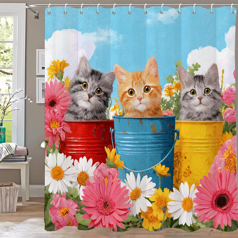 1pc Cartoon Cute Lucky Grass Cat Shower Curtain, Bathroom Decorative Shower Curtain, Printed Polyester Home Curtain with Hooks 90x180cm-35x70in