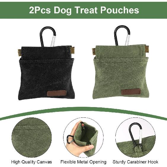 2Pcs Dog Treat Pouch, Dog Treat Pouches for Pet Training, Portable Auto Closing Dog Walking Bag with Carabiner for Puppy Travel or Outdoor Use Black