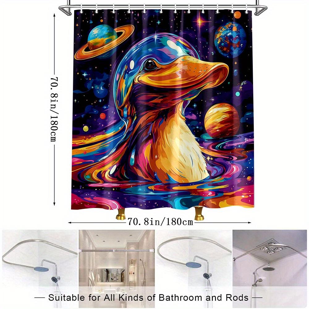 1pc Vibrant Cosmic Duck Shower Curtain - Colorful Polyester Fabric with Planets & Stars Design, Includes 12 Hooks,