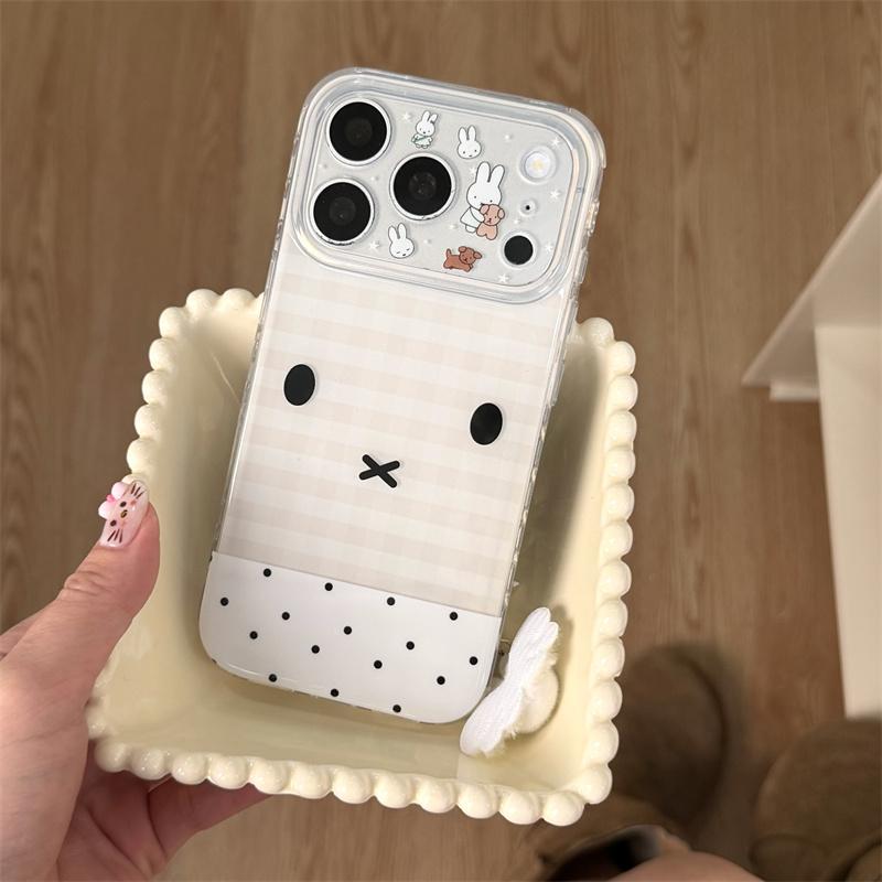 Kawaii Bunny Face Clear Phone Case For iPhone 17 Pro 16 15 14 Pro Max with Heart Side Holes Gingham Pattern Shockproof Cover