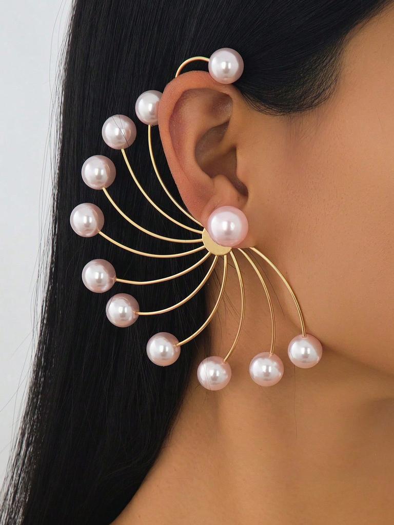 2pcs Geometric Fan-Shaped Pearl Earrings For Women, Simple And Exaggerated Earrings, Fashionable Earrings Accessories