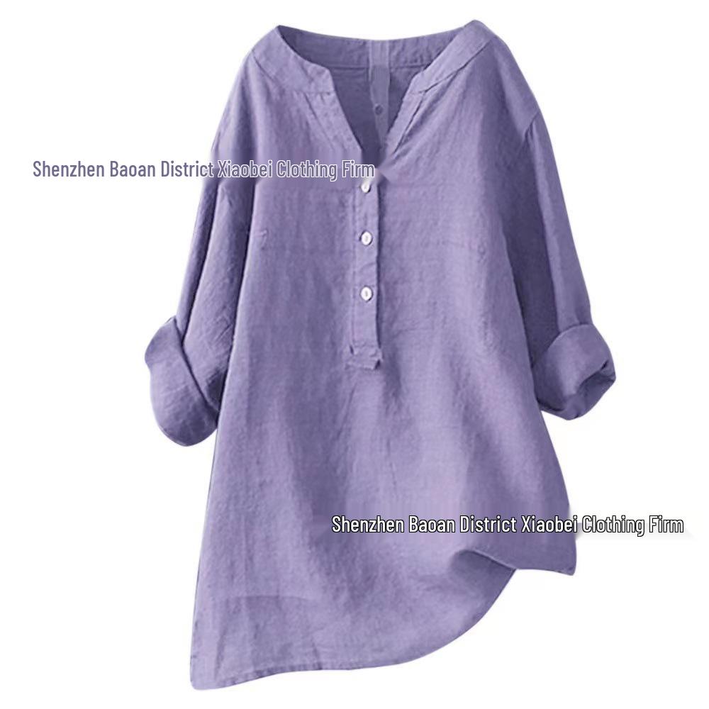 Europäisches und amerikanisches Damen-Top aus Baumwolle und Leinen, locker geschnitten, einfarbig, Modell 2021