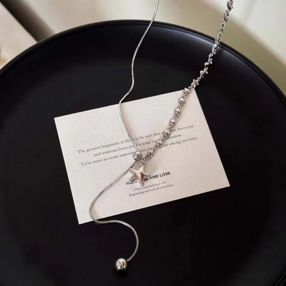 Asymmetrical Design Star Pendant Necklace Silver Adjustable Chain Necklace Unisex