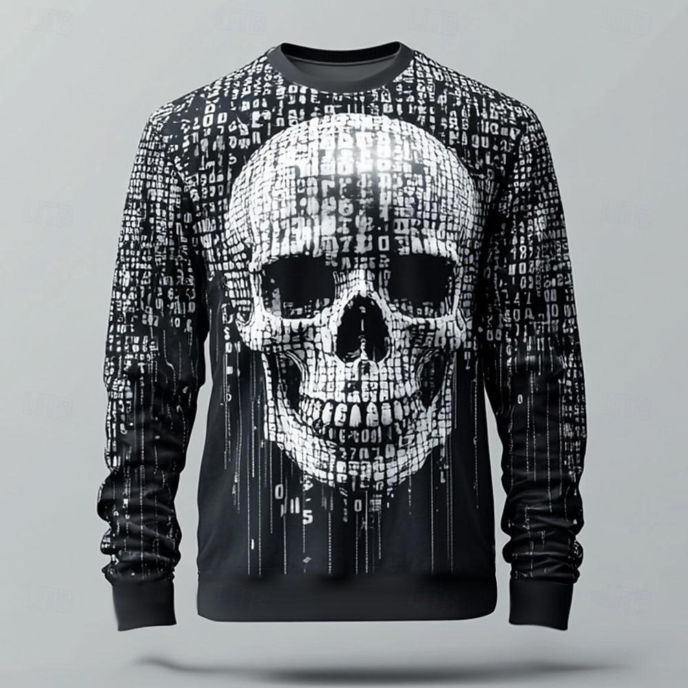 Halloween Fashion Skull 3D print Pattern Men's Long Sleeve T-shirt Casual  Loose Tops Funny 3D Skull Print Tees Autumn Clothing
