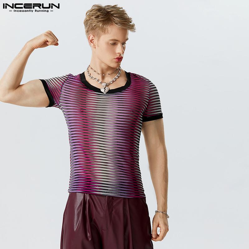 

INCERUN Летние мужские топы с короткими рукавами и тонкими цветными топами