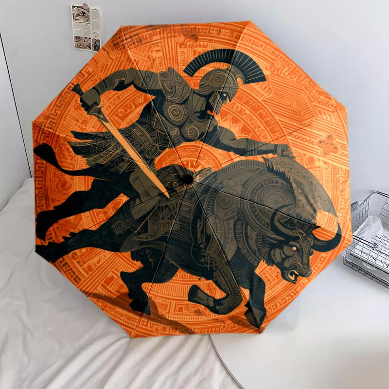 Warrior Cow pattern, automatic folding umbrella, portable and foldable design, 8 ribs, a Christmas or birthday gift.