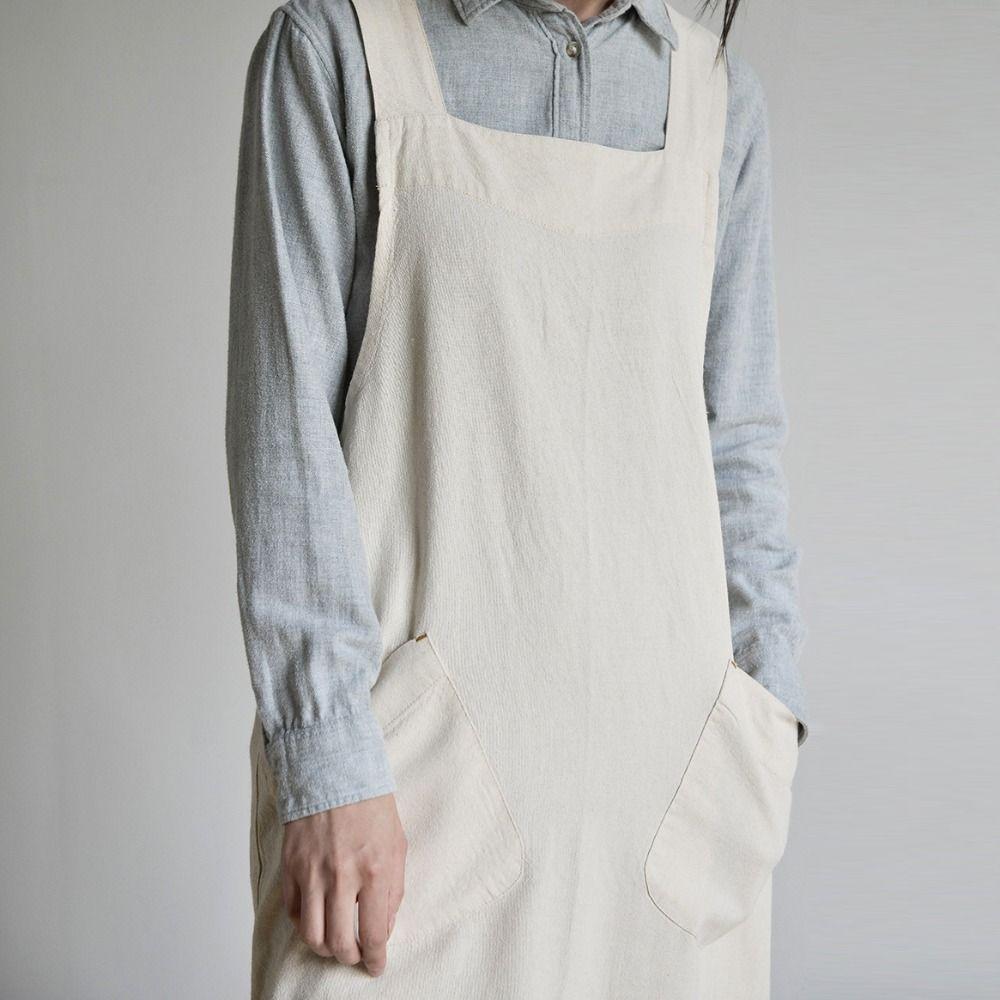 Cotton Linen Kitchen Apron Big Size With Pockets Pinafore Dress Adjustable Straps Japanese Style Cross Back Apron