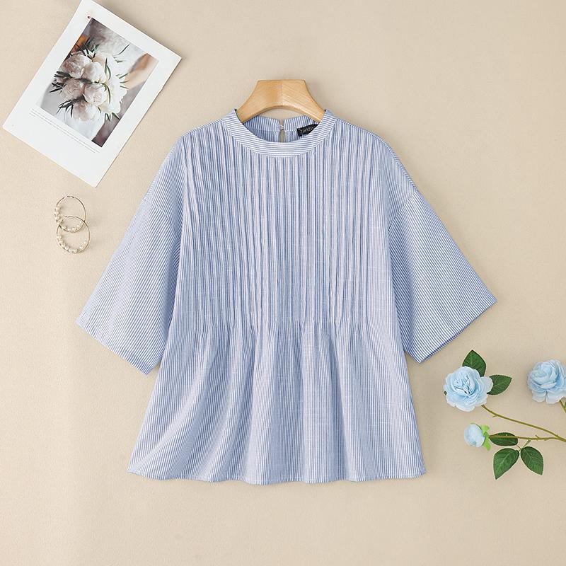 

ZANZEA Женская повседневная свободная летняя блузка с воротником-стойкой и коротким рукавом 5XL синий