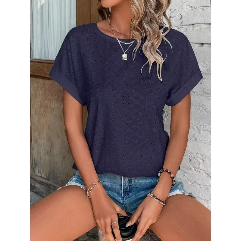 Spring and Summer Round Neck Hollow Out Women Blouse New Loose Short Sleeved T-shirt Solid Color Casual Simple Top Sweet Shirts Ladies Clothing