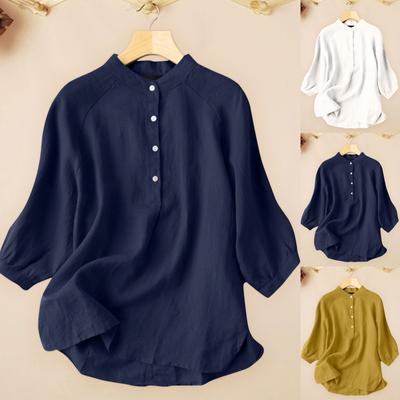 Women Casual Loose Shirts V Neck 3/4 Sleeve Soild Color Button Linen Tops T-shirts Tee