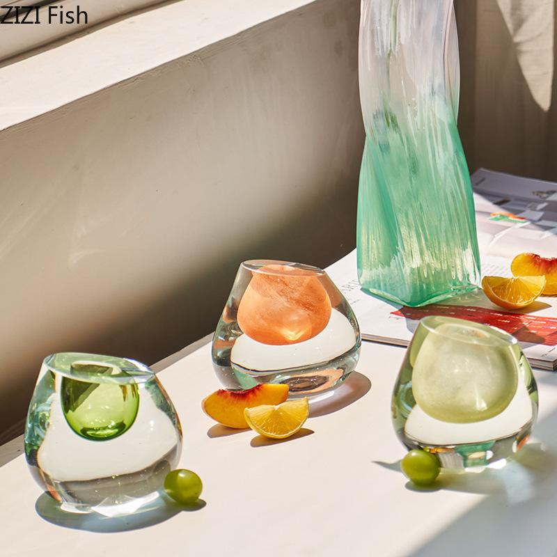 Transparent Colorful Glass Vase Oblique Mouthed Flower Pot Desk Decoration Flowers Arrangement Floral Vases Room Aesthetic Decor