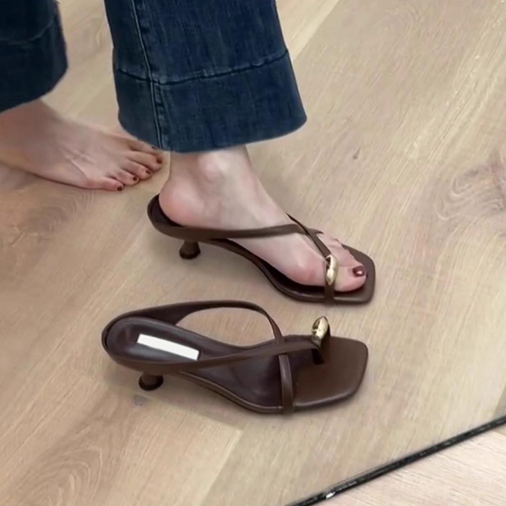 French Temperament Metal Buckle Cover Toe High Heel Sandals Women's 2025 Summer Word with Cool Slippers Outside Wearing Roman Slippers