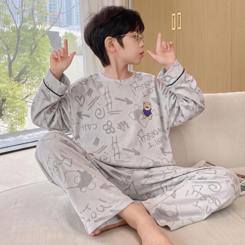Boys Cotton Pajama Set Long Sleeve Two Piece Sleepwear Teens Comfortable Home Wear Cartoon Print