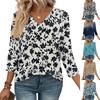 Women's Print Top Button-down V-neck T-shirt 3/4 Sleeve Loose Fashion Top