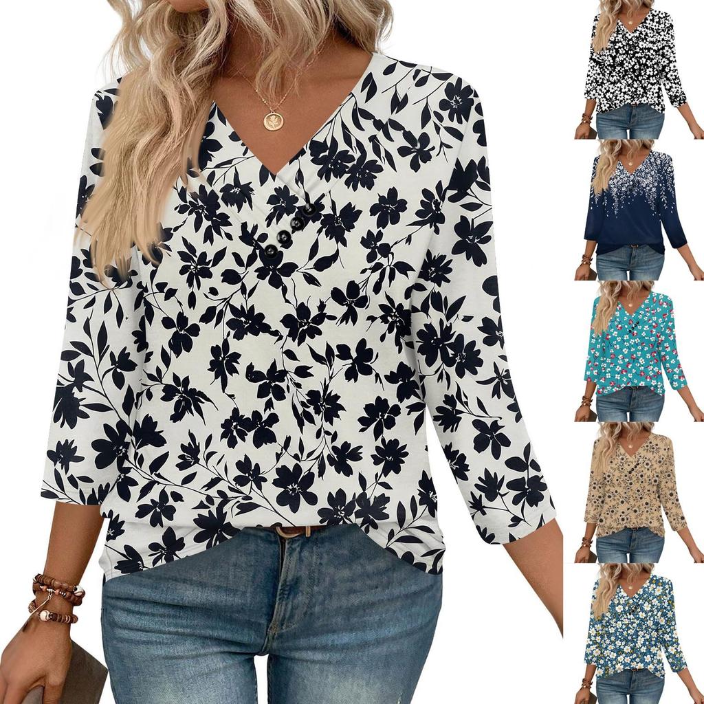 Women's Print Top Button-down V-neck T-shirt 3/4 Sleeve Loose Fashion Top