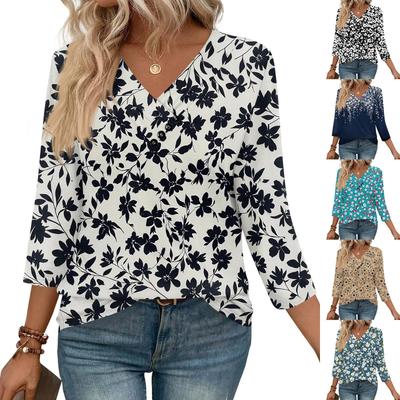 Damen Print Top Knöpfe V-Ausschnitt T-Shirt 3/4 Ärmel Locker Mode Top