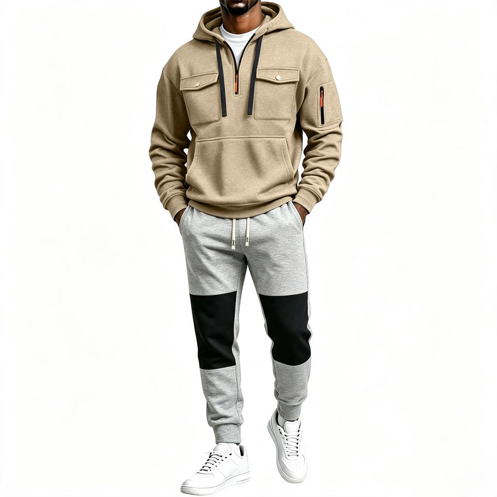 Men's Light Gray Multi-Pocket Zippered Hoodie and Pants Casual Track Suit