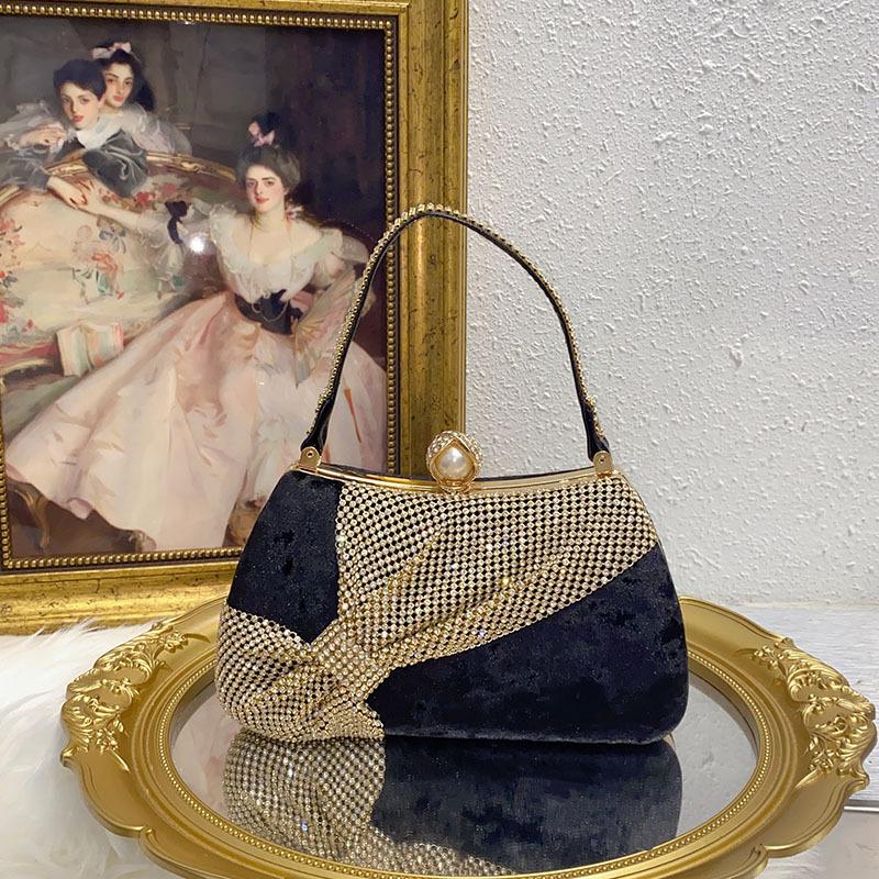 Fashion dinner bag pleated bow dress party banquet handbag temperament velvet handbag чёрный