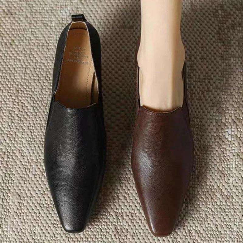 French Style Temperament Low-heeled Shoes Women's New Leather Pointed High Heel Pumps Retro Chunky Office Daily Footwears