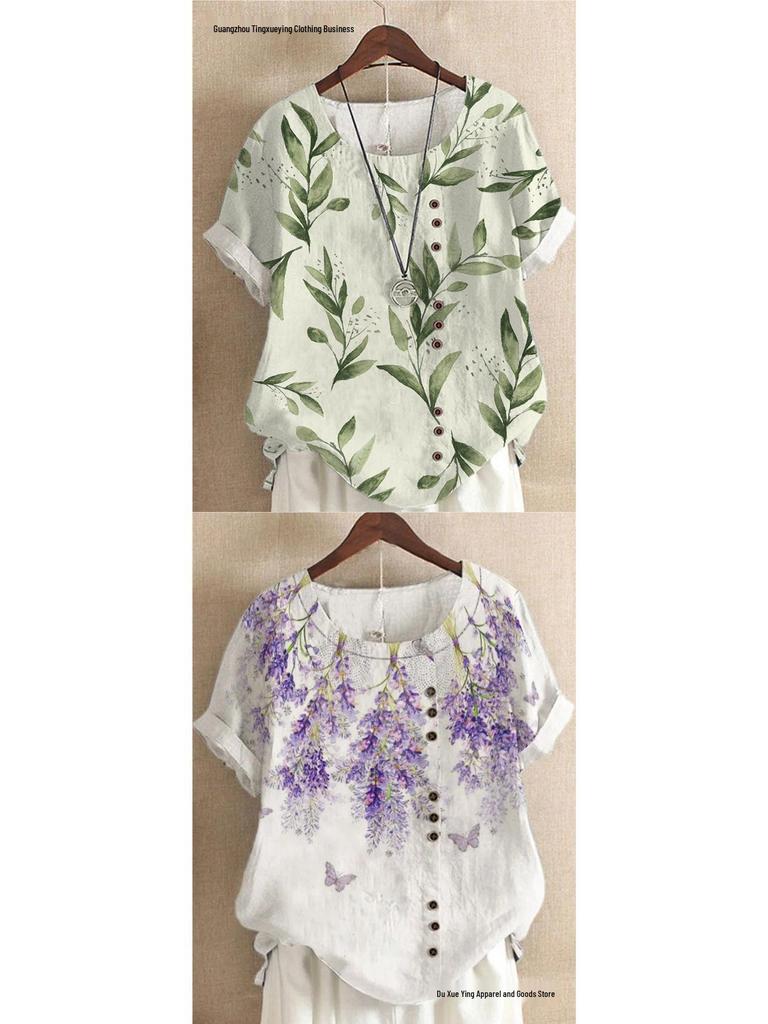 Women's Summer Retro Print Loose Cotton-Linen Short Sleeve Casual T-Shirt