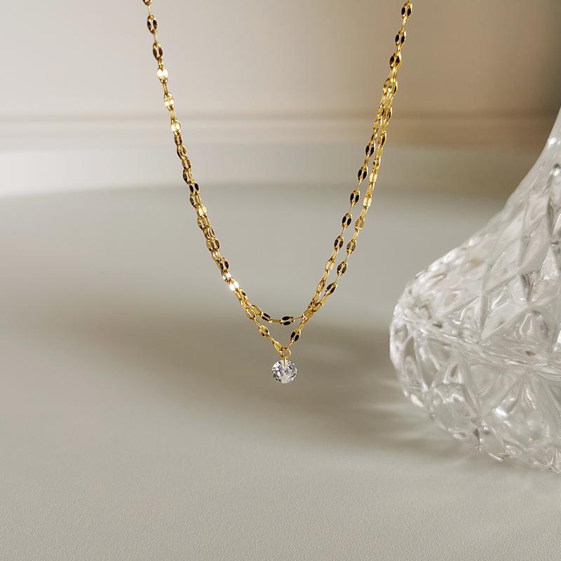 

925 Sterling Silver French Simple Crystal Pendant Multi-layer Clavicle Chain Necklace Women Fashion Charm Student Jewelry Gift