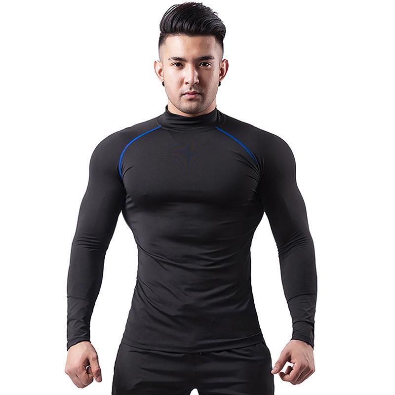 Men's Silk Grid High-Neck Performance T-Shirt - Elastic, Quick-Dry, Long-Sleeve for Autumn/Winter Running.