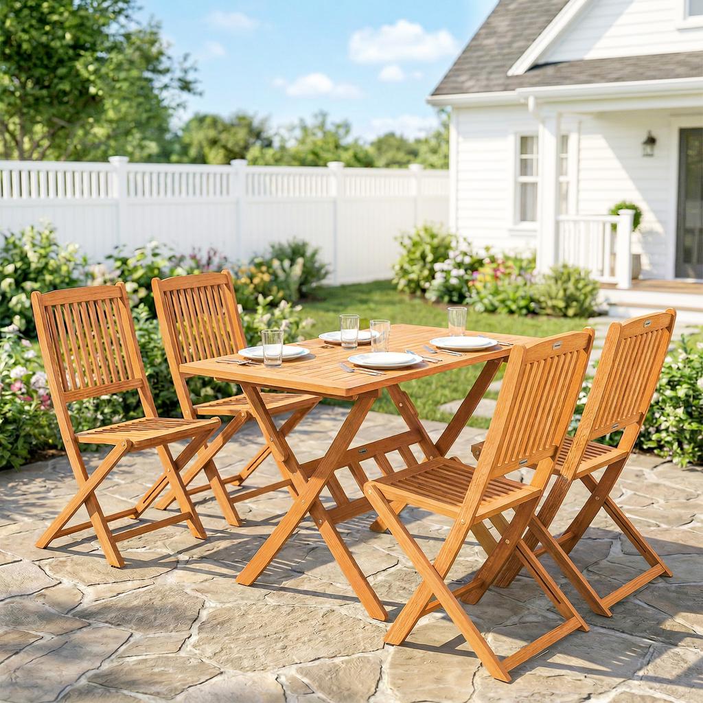Garden Furniture Set Acacia Wood Seating Group 5-Piece Foldable Table with 4 Folding Chairs Slatted Design