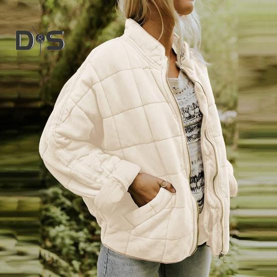 Damska kurtka zimowa stójka ciepła miękka zapinana na zamek kardigan długi rękaw gruba mrozoodporna luźna kieszenie casualowy płaszcz jesienny