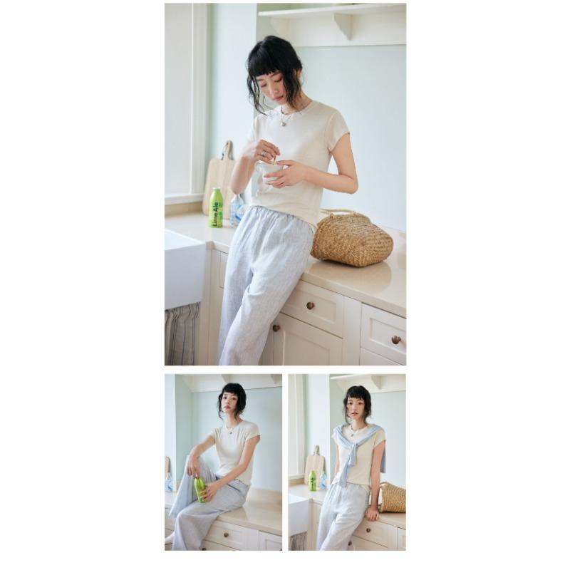 Top Estivo da Donna in Lana Tencel a Maniche Corte con Scollo Rotondo, Vestibilità Aderente, Manica Nuova, Colore Unito, Comodo
