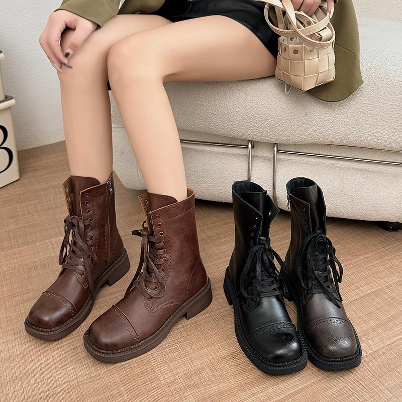 Women Mid Calf Boots Fashion Lace Up Platform Thick Heel Motorcycle Booties Retro Style Autumn Winter Female Shoes S13