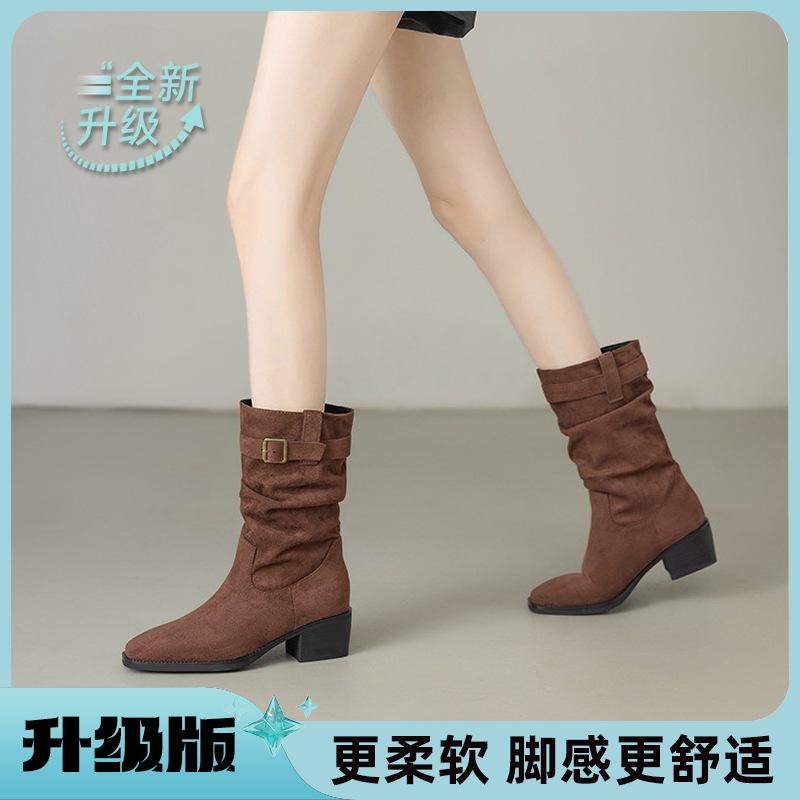 Vintage Suede Versatile Coarse Heel Maillard Medium Boots Autumn and Winter New Pile Boots Short Boots Western Martin Boots