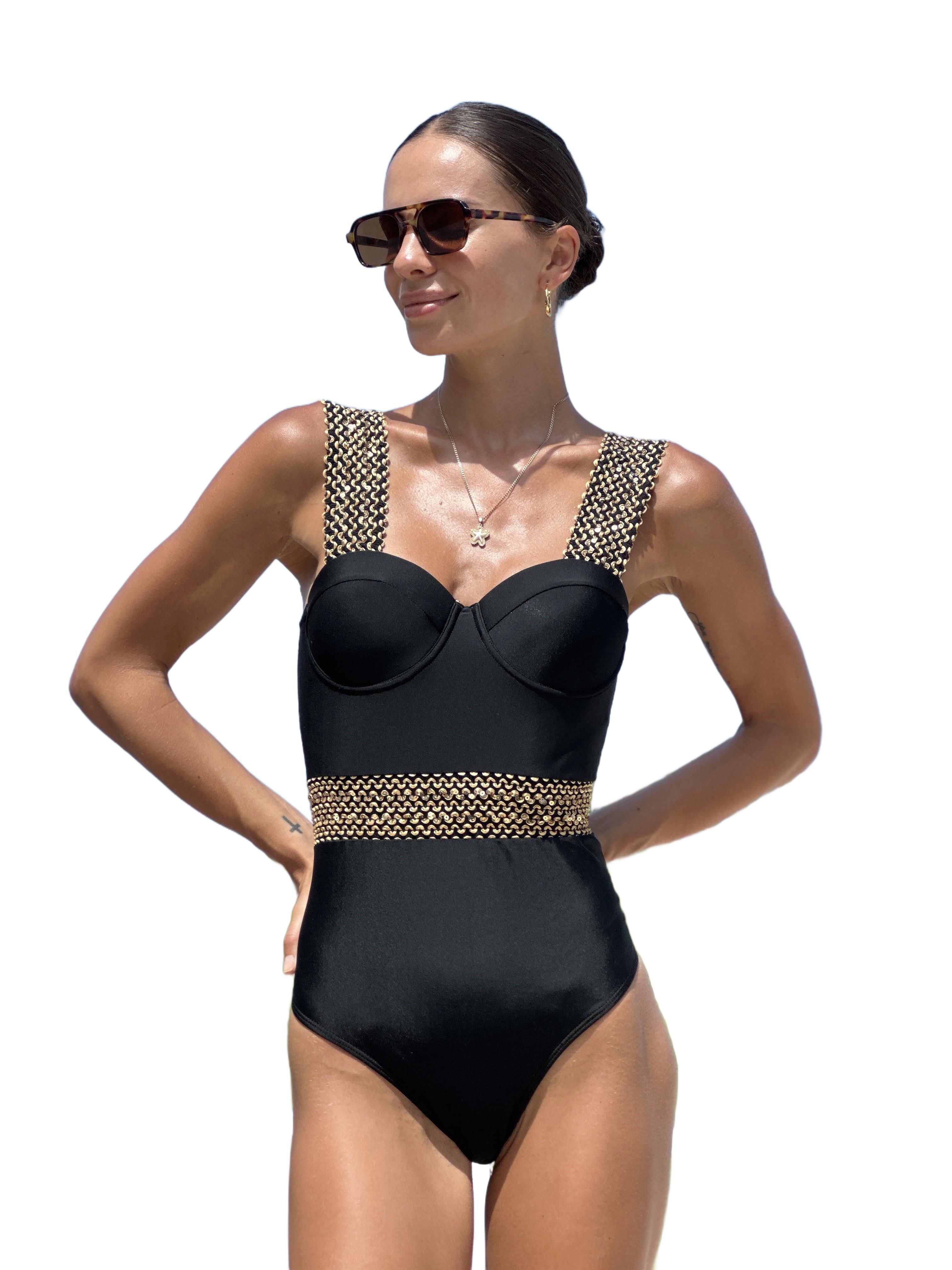 Damen Einteiler Badeanzug mit breiten Trägern, Strand Schwarz Damen Einteiler Badeanzug mit breiten Trägern, Strand Schwarz black
